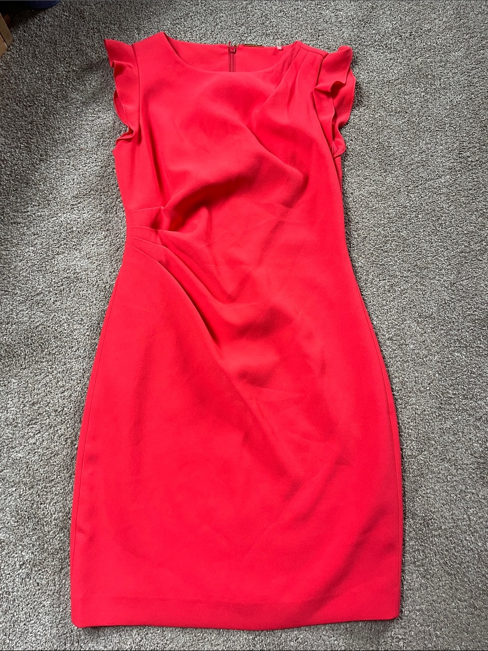 Elie Tahari sz4 Rich Coral Demurely Ruffled Shoulder Gathered Waist Sheath Dress